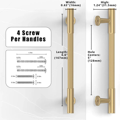 Diagram of 10 Pack Champagne Bronze Cabinet Pulls 5 Inch 128mm Honey Bronze Kitchen Cabinet Handles with dimensions and screw details
