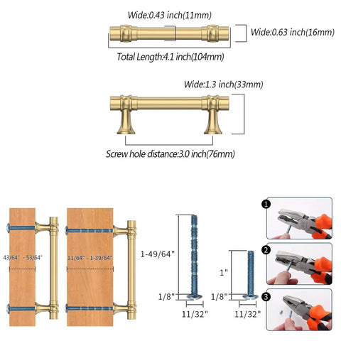 Dimensions and installation guide for Champagne Bronze Cabinet Pulls 10 Pack 3 Inch Hole Center Zinc Alloy Handles