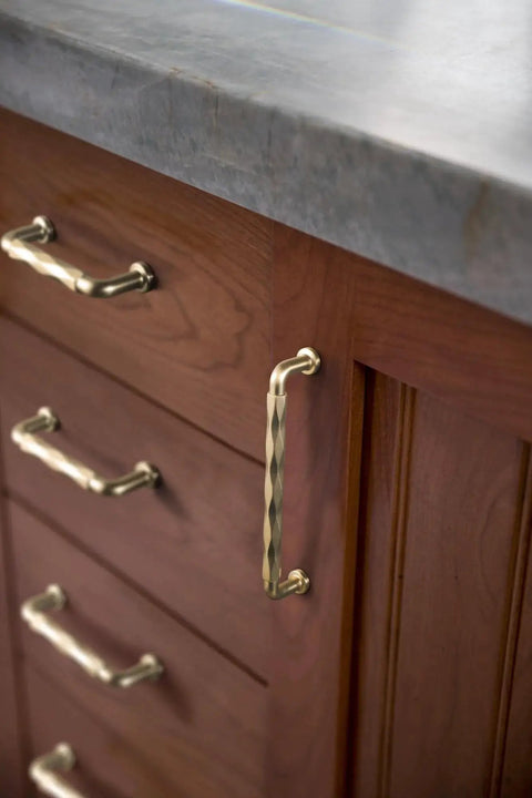 Champagne Bronze Cabinet Pulls 3 Inch Twisted Wave Design Set of 6 Zinc Alloy Drawer Handles on wood cabinet