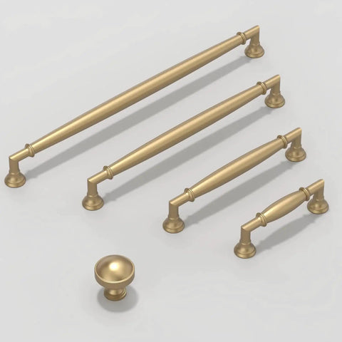 Set of champagne bronze cabinet pulls and knobs in various sizes, highlighting the 5-inch 128mm pulls, 10 pack for kitchen cabinets and drawers.