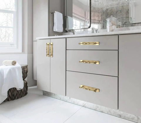 Champagne Bronze Cabinet Pulls With Backplates Modern Zinc Alloy Drawer Handles for Kitchen and Bedroom installed on gray cabinets.