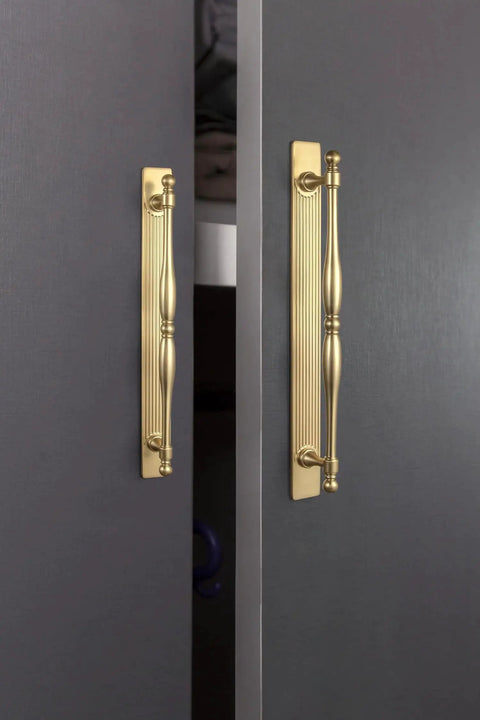 Champagne Bronze Cabinet Pulls With Backplates 7.56 Inch Center to Center Spacing on dark cabinet doors