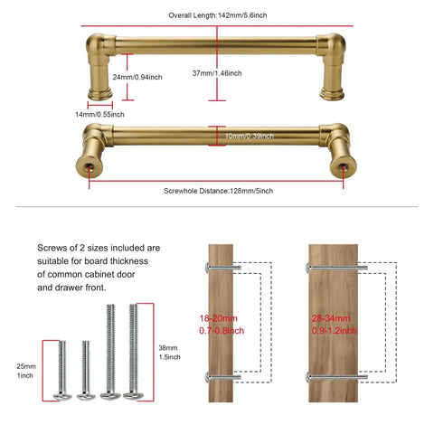 10 Pack Champagne Bronze Cabinet Pulls 5 Inch 128mm Modern Drawer Handles with screws, dimensions, and installation guide