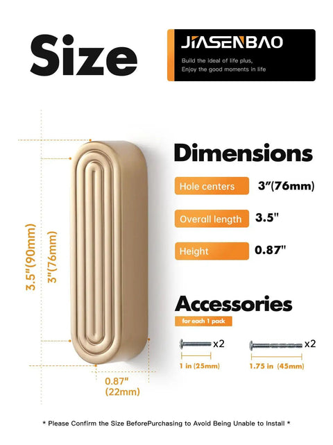 Champagne Bronze Cabinet Pulls 3 Inch Hole Center with size chart and dimensions; 3.5” length, 0.87” height, includes screws.