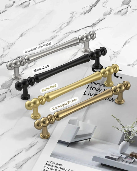 Champagne Bronze Cabinet Pulls 10 Pack 5 Inch Center To Center 128 Mm alongside nickel, black, gold drawer handles on marble surface