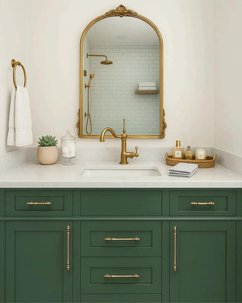 Bathroom vanity with green cabinets featuring Champagne Bronze Cabinet Pulls 10 Pack 5 Inch Center To Center 128 Mm Heavy Duty Brushed Bronze Drawer Handles.