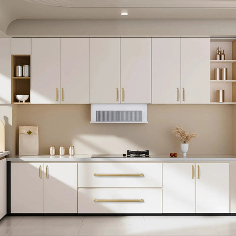 Champagne Bronze Modern Cabinet Pulls 3 Pack With 12.6 Inch Center Hole And 13 Inch Total Length installed in a kitchen