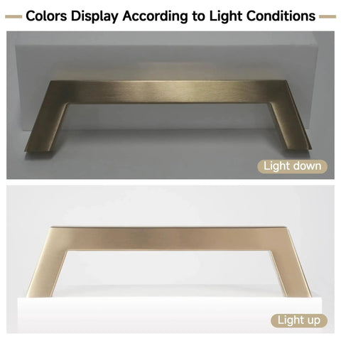 30 Pack 5 Inch Champagne Bronze Cabinet Handles Modern Square Gold Cabinet Pulls under different lighting conditions.