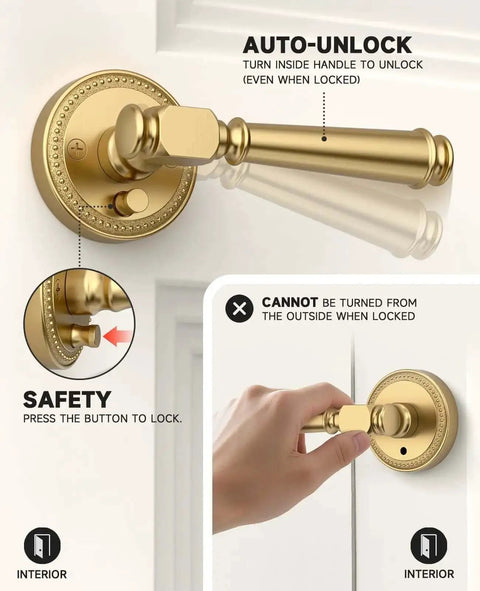 Champagne Bronze Privacy Door Handles With Keyless Push Button Lock, Interior Door Levers, Reversible For Bedroom And Bathroom