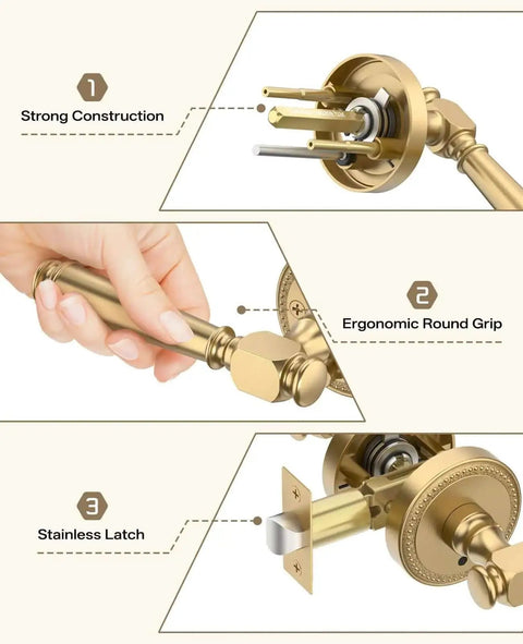 Champagne Bronze Privacy Door Handles For Interior Doors with keyless push button lock, ergonomic round grip, strong construction, stainless latch.