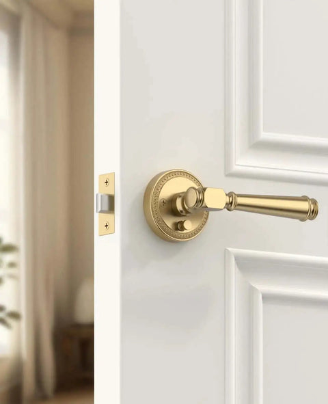 Champagne Bronze Privacy Door Handles For Interior Doors, Heavy Duty Door Levers Built To Last For Bedroom And Bathroom, installed on door