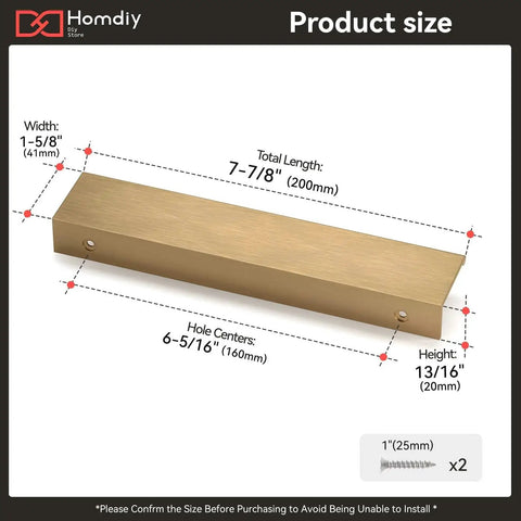 Size guide of 25 Pack Six And A Quarter Inch Champagne Bronze Edge Finger Pull Cabinet Handles with dimensions