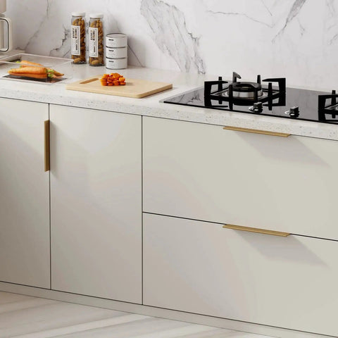 Modern kitchen with 25 Pack Six And A Quarter Inch Champagne Bronze Edge Finger Pull Cabinet Handles for cabinets and drawers.