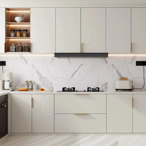 Modern kitchen with 25 Pack Six And A Quarter Inch Champagne Bronze Edge Finger Pull Cabinet Handles for cabinets and drawers.