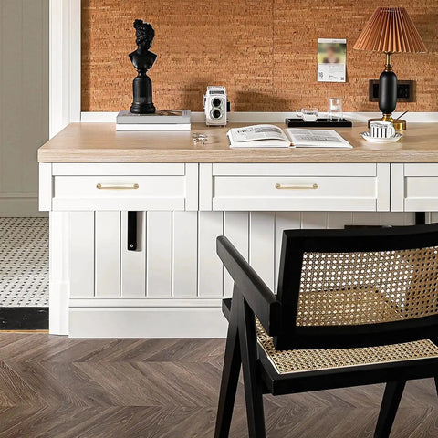 Modern desk with 6-1/4 inch Champagne Bronze Kitchen Cabinet Handles Set on white drawers, featuring sleek, solid zinc alloy construction.
