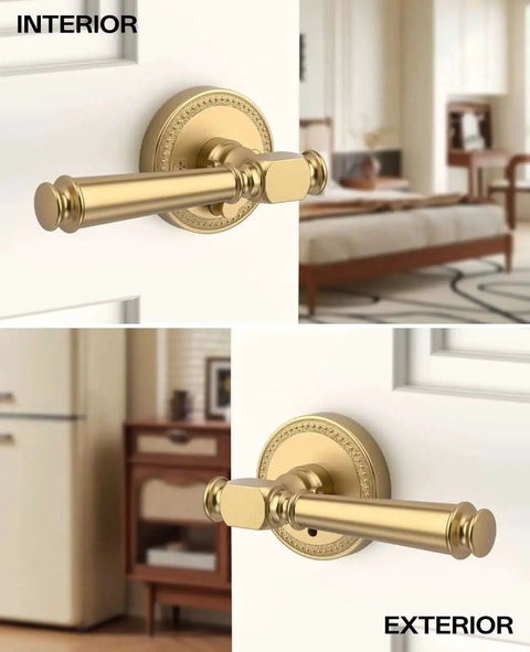 Champagne Bronze Privacy Door Handles For Interior Doors shown installed in bedroom and bathroom, reversible design, keyless push button lock.