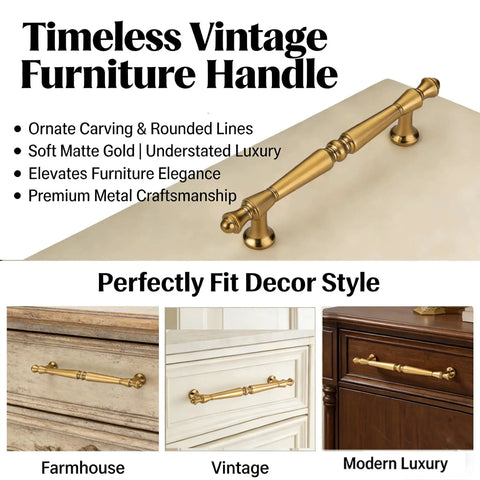 Timeless vintage furniture handle in soft matte gold with ornate carving, shown on farmhouse, vintage, and modern luxury drawers.