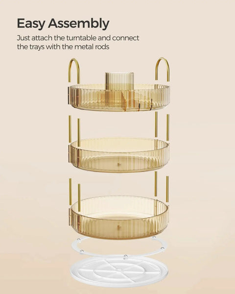 Three Tier Round Rotating Makeup And Skincare Organizer for Countertop Vanity in Champagne Gold, disassembled view