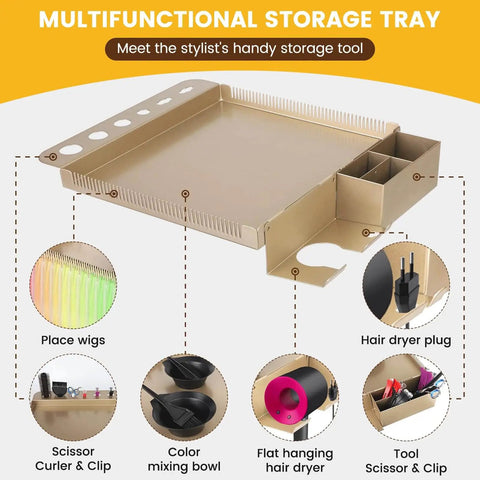 Champagne Gold Pro Grade Hair Salon Cart With Wheels Multi Function Salon Tray Station showing tool holders and compartments