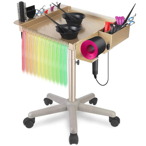 Champagne Gold Pro Grade Hair Salon Cart With Wheels Multi Function Salon Tray Station Height Adjustable From 26 To 43 Inches