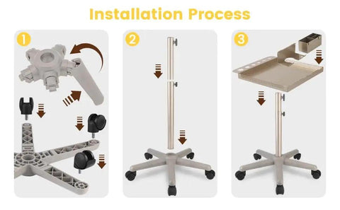 Installation steps of Champagne Gold Pro Grade Hair Salon Cart With Wheels Multi Function Salon Tray Station Height Adjustable From 26 To 43 Inches Large Capacity Tool Holder For Combs Razors Dryers Wigs And More Corrosion Resistant