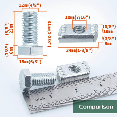 Comparison image of zinc-plated bolts and channel nuts, includes dimensions, part of 20 pack channel nut and bolt set delivers fast, secure strut mounting with zinc-plated 1/2 x 15/16 inch bolts and nuts for all 1-5/8 inch channel; snap-in design ensures quick, reliable installation for electrical and mechanical fits.