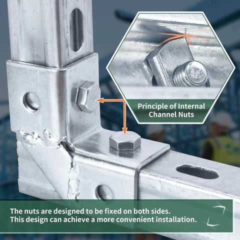 Close-up of channel nut and bolt set installed on 1-5/8 inch strut channel for secure mounting; zinc-plated hardware shown in use.