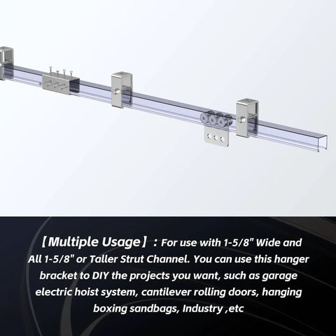 Set Of 4 Channel Trolley Track Hanger Brackets For UNISTRUT Strut Channel 1-5/8 Inch, shown on an installed track