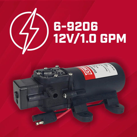 Chapin International 6-9206 12V 1.0 GPM Standard Diaphragm Pump, black, on red background with specifications.