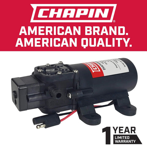 Chapin International 6-9206 12V 1.0 GPM Standard Diaphragm Pump, Black with warranty badge and brand quality message