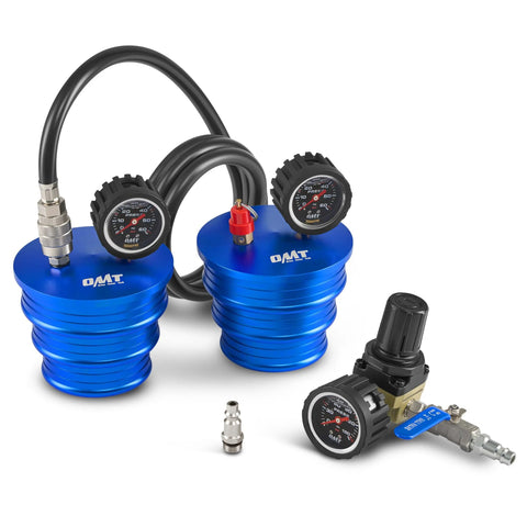 Orion Motor Tech CAC boost leak tester kit with 4in, 3.5in, 3in billet caps; blue aluminum bodies, dual gauges, hoses