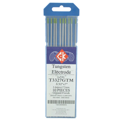 Package of Layzr Chartreuse EWG LaYZr Tungsten Electrode Three Thirty Second Inch By Seven Inch 10 Pack For Robotic Welding