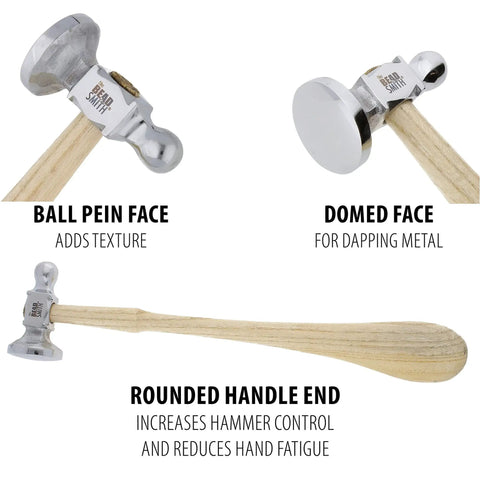Two Sided Chasing Hammer for Metalworking and Jewelry Making with 10.75 Inch Wood Handle, showcasing ball pein and domed faces.