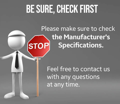 3D figure holding a stop sign with text advising to check manufacturer's specifications, contact for questions.
