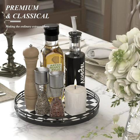 Checkered Black And White Lazy Susan Turntable With Iron Frame And Oak Wood Top 10 Inch Round Decorative Tray For Cookies And Small Kitchen Table Centerpieces Dining Table Organizer Kitchen Countertop Display shown with condiments and candle on a dining table.