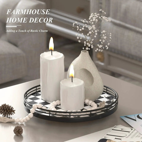Checkered Black And White Lazy Susan Turntable with Iron Frame and Oak Wood Top featuring candles and vase for tabletop decor