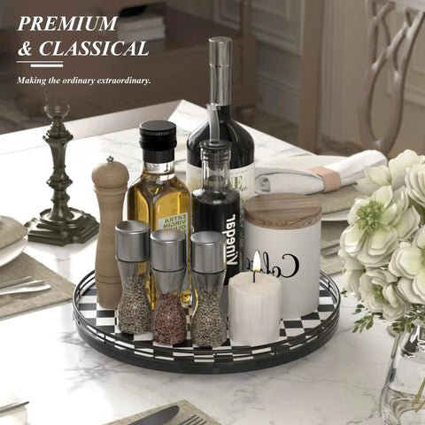 Black And White Checkered Round Lazy Susan Turntable With Iron Frame And 13 Inch Wooden Tabletop Kitchen Organizer on dining table