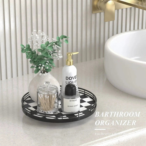Checkered Black And White Lazy Susan Turntable With Iron Frame And Oak Wood Top 10 Inch Round Decorative Tray in bathroom setup