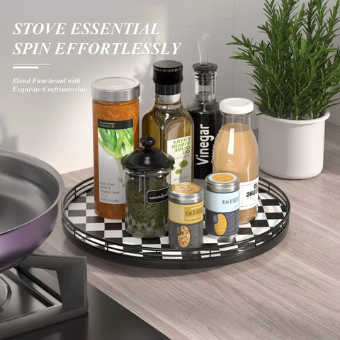 Black And White Checkered Round Lazy Susan Turntable With Iron Frame And 13 Inch Wooden Tabletop Kitchen Organizer For Cookies Dining Table Centerpiece Small Kitchen Decor And Easy Access Serving Tray holding condiments and spices