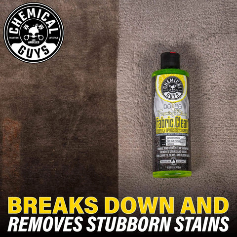 Chemical Guys Foaming Citrus Fabric Clean, Carpet and Upholstery Cleaner - Car Carpet Cleaner for Seats, and Floor Mats, Safe for Home, Office & More, Citrus Scent - 16 oz bottle next to cleaned carpet.