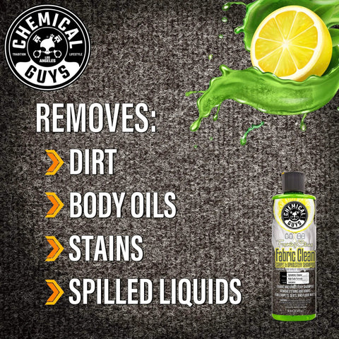 Chemical Guys Foaming Citrus Fabric Clean, Carpet and Upholstery Cleaner bottle on textured background with cleaning benefits listed