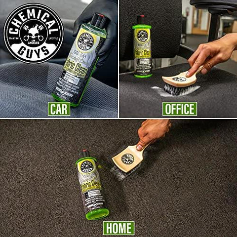 Chemical Guys Foaming Citrus Fabric Clean, Carpet and Upholstery Cleaner - Car Carpet Cleaner for Seats, and Floor Mats, Safe for Home, Office & More, Citrus Scent - 16 oz bottle shown with brush cleaning a car seat, office carpet, and home floor mat.