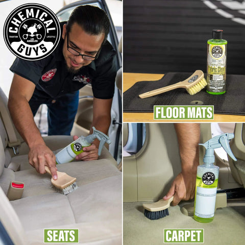 Chemical Guys Foaming Citrus Fabric Clean used on car seats, floor mats, and carpet, showcasing cleaning process and product bottle.
