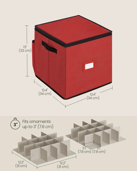 Cherry Red Christmas Ornament Storage Box With 64 Slots For 3 Inch Ornaments, showing measurements and dividers.