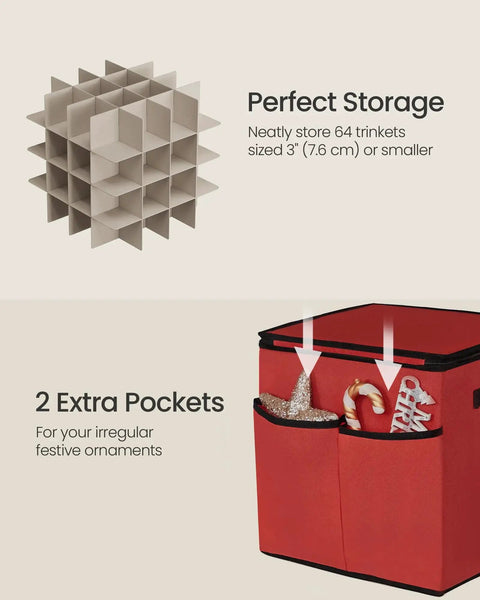 Close-up of Cherry Red Christmas Ornament Storage Box With 64 Slots For 3 Inch Ornaments, showing dividers and extra pockets.