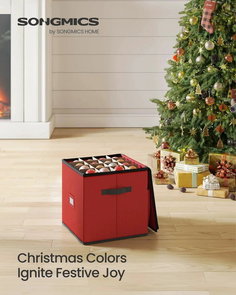 Cherry Red Christmas Ornament Storage Box With 64 Slots For 3 Inch Ornaments near decorated Christmas tree.
