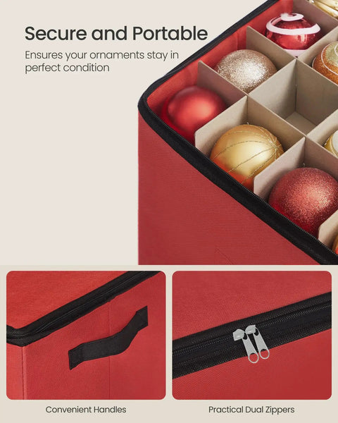 Close-up of cherry red Christmas ornament storage box with 64 slots, dual zippers, and convenient handles, featuring ornaments inside.