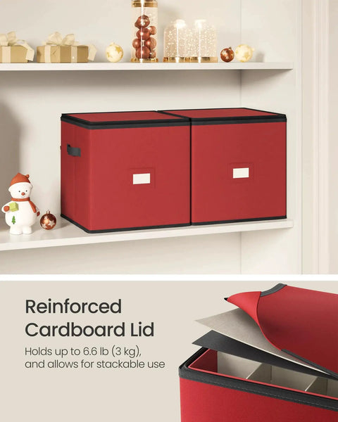 Cherry Red Christmas Ornament Storage Box With 64 Slots For 3 Inch Ornaments, Stackable Container on shelf with reinforced lid