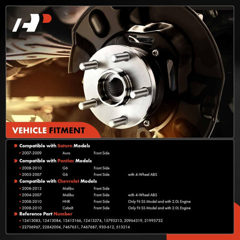 Front Wheel Bearing And Hub Assembly Set With ABS And Five Lug Direct Fit For Chevrolet Malibu 2004 2012 HHR SS 2008 2010
