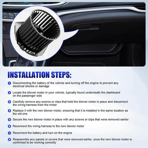 Image showing installation steps for Direct Fit Replacement AC Blower Motor With Fan For 1992 1993 1994 1995 1996 Chevy Silverado Suburban 1500 2500 Tahoe GMC Sierra Yukon C1500 C2500 K1500 K2500 G20 HVAC Heater Blower Motor Replaces 700103, with inset of blower motor.